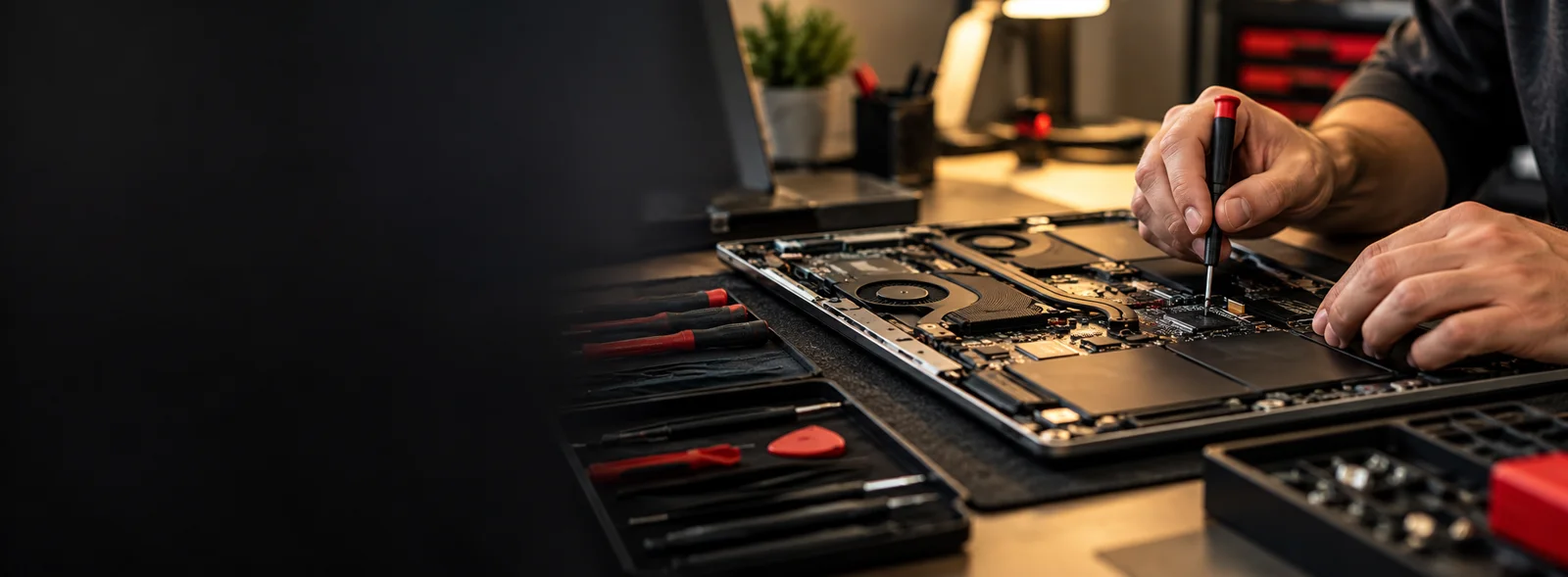 Laptop repair workbench with precision tools